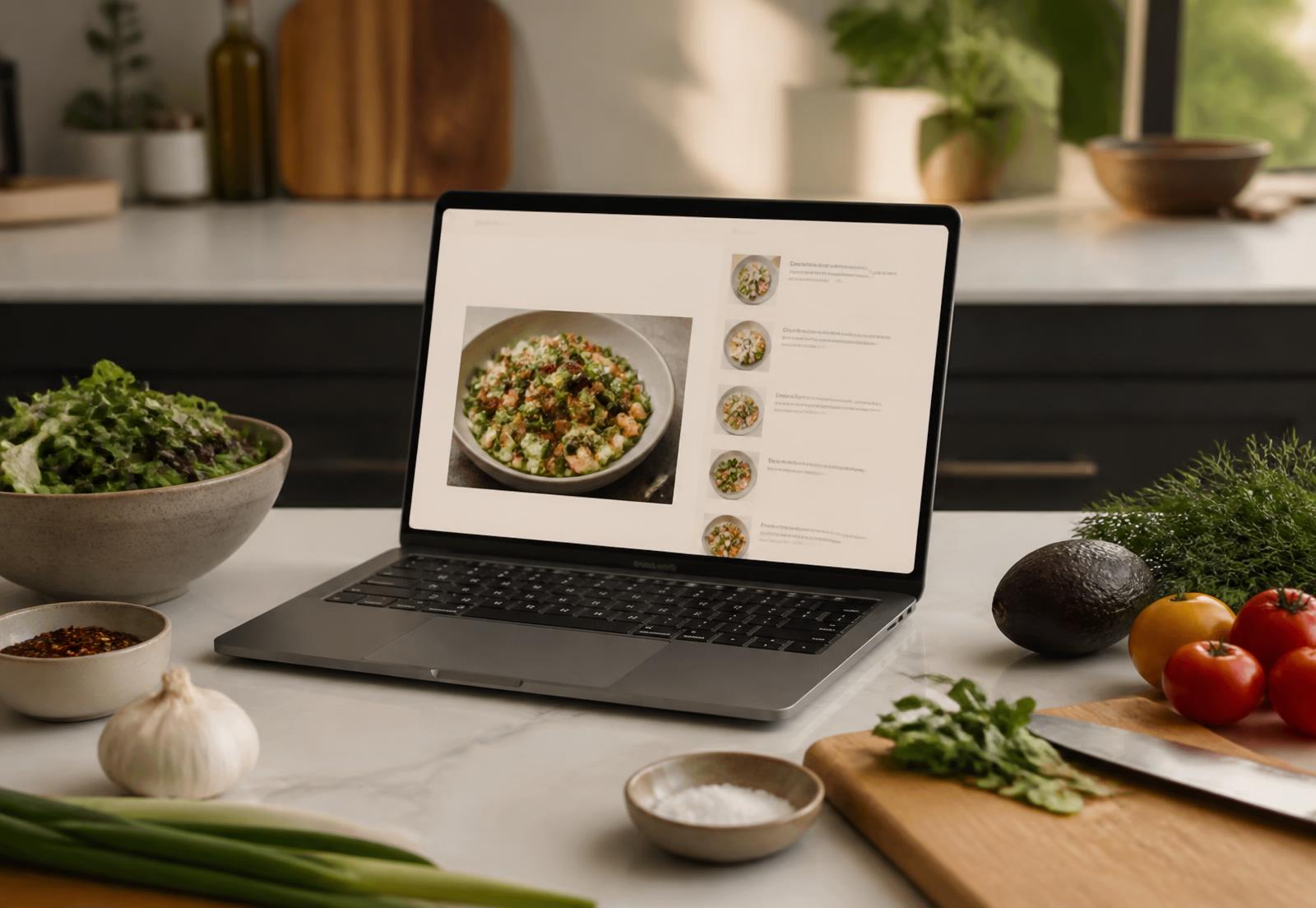 Laptop showing a recipe app surrounded by fresh cooking ingredients on a clean kitchen counter