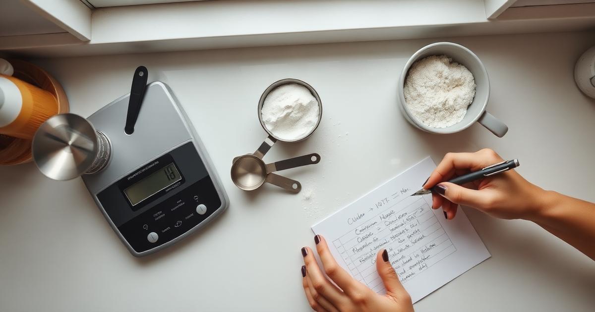 Kitchen scale and measuring cups with a handwritten recipe conversion
